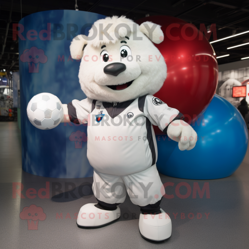 White Soccer Ball mascot costume character dressed with a Bomber Jacket and Wraps