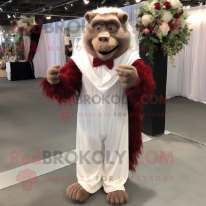 Maroon Baboon mascot costume character dressed with a Wedding Dress and Suspenders