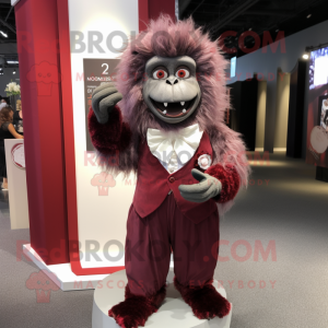 Maroon Baboon mascot costume character dressed with a Wedding Dress and Suspenders