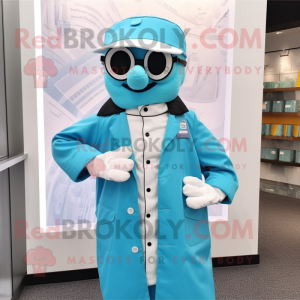 Cyan Doctor mascot costume character dressed with a Parka and Pocket squares