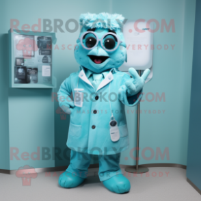 Cyan Doctor mascot costume character dressed with a Parka and Pocket squares