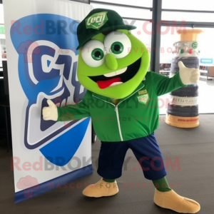 Green Cod mascot costume character dressed with a Bomber Jacket and Shoe clips
