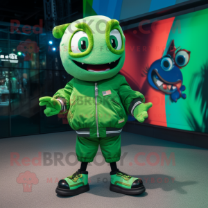 Green Cod mascot costume character dressed with a Bomber Jacket and Shoe clips