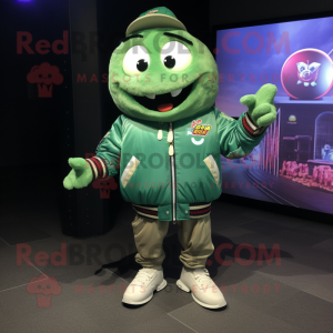 Green Cod mascot costume character dressed with a Bomber Jacket and Shoe clips