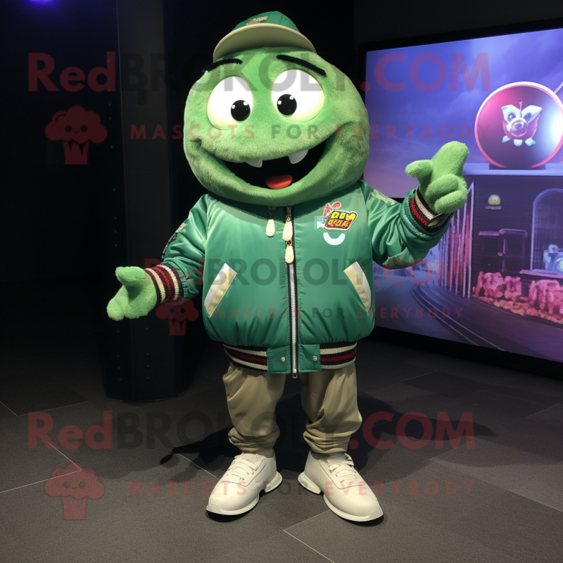 Green Cod mascot costume character dressed with a Bomber Jacket and Shoe clips Green Cod mascot costume character dressed with a Bomber Jacket and Shoe clips