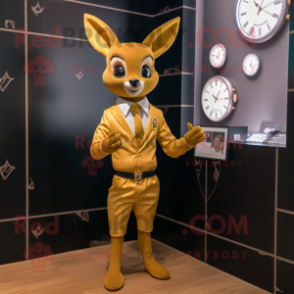 Gold Roe Deer mascot costume character dressed with a Dress Shirt and Watches