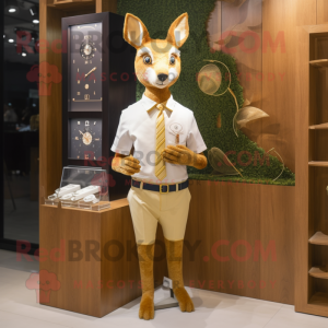 Gold Roe Deer mascot costume character dressed with a Dress Shirt and Watches