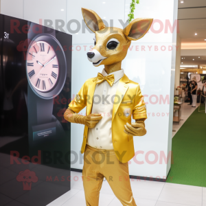 Gold Roe Deer mascot costume character dressed with a Dress Shirt and Watches