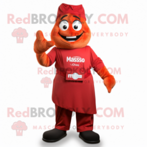 Red Tikka Masala mascot costume character dressed with a Dress Pants and Smartwatches