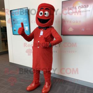 Red Tikka Masala mascot costume character dressed with a Dress Pants and Smartwatches