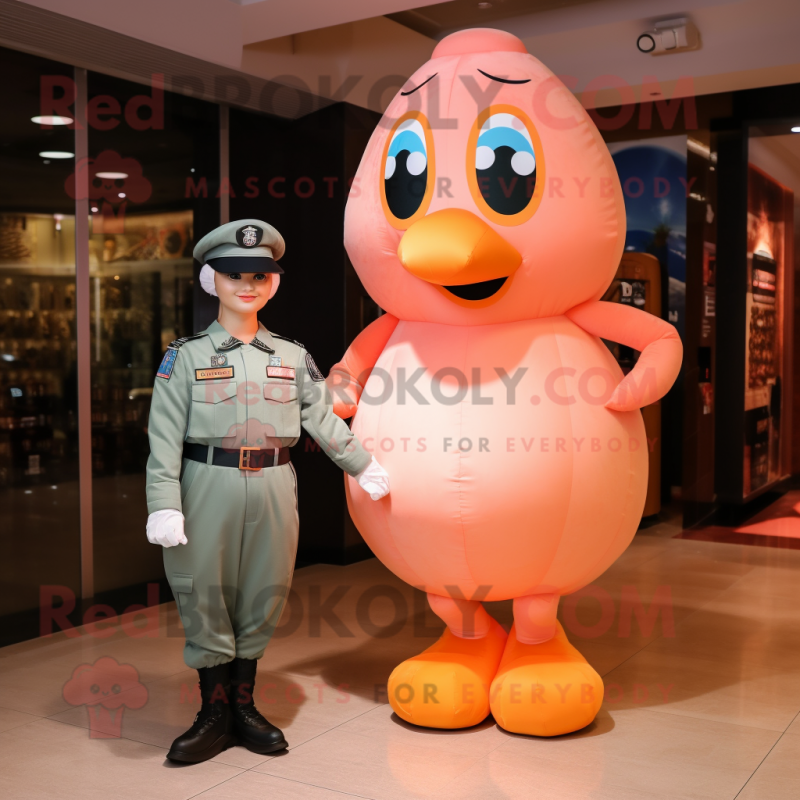 Peach Air Force Soldier mascot costume character dressed with a Midi Dress and Foot pads Peach Air Force Soldier mascot costume character dressed with a Midi Dress and Foot pads