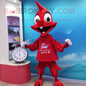 Red Pterodactyl mascot costume character dressed with a One-Piece Swimsuit and Bracelet watches