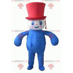 Mascotte de bonhomme bleu blanc rouge dodu et souriant -