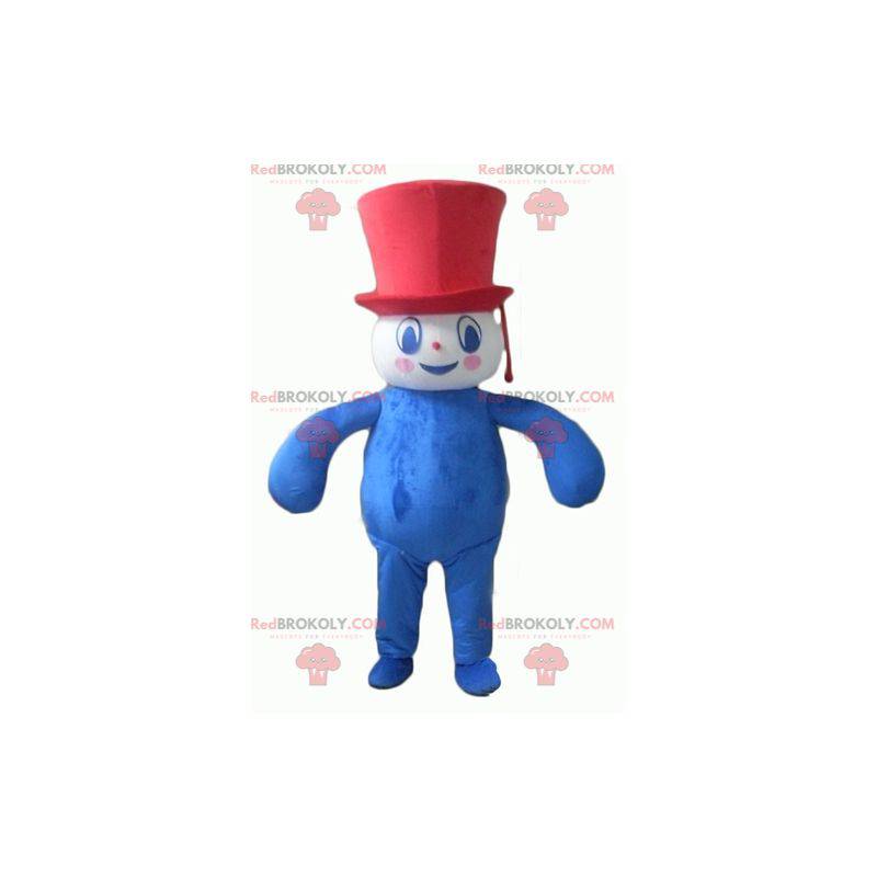 Mascote do boneco de neve azul-branco-vermelho gordo e