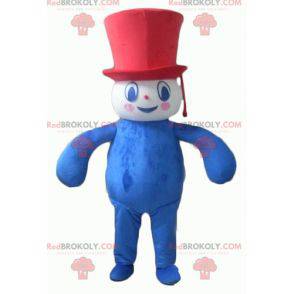 Mascote do boneco de neve azul-branco-vermelho gordo e