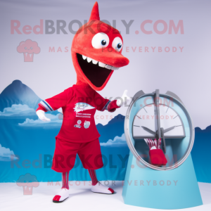 Red Pterodactyl mascot costume character dressed with a One-Piece Swimsuit and Bracelet watches