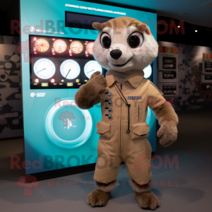 Beige Mongoose mascot costume character dressed with a Romper and Digital watches