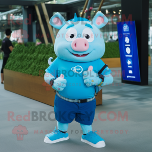 Blue Pig mascot costume character dressed with a T-Shirt and Smartwatches
