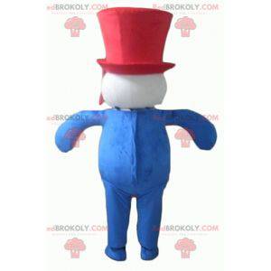 Mascotte de bonhomme bleu blanc rouge dodu et souriant -