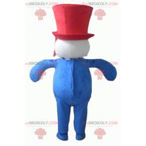 Mascote do boneco de neve azul-branco-vermelho gordo e