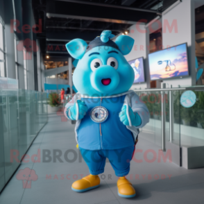 Blue Pig mascot costume character dressed with a T-Shirt and Smartwatches