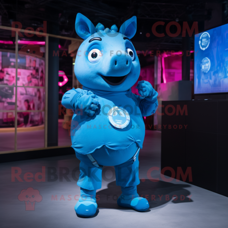 Blue Pig mascot costume character dressed with a T-Shirt and Smartwatches