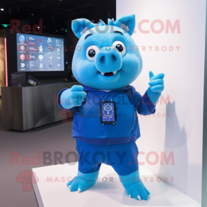 Blue Pig mascot costume character dressed with a T-Shirt and Smartwatches