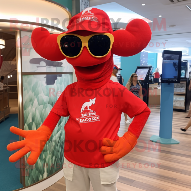 nan Lobster mascot costume character dressed with a Graphic Tee and Sunglasses