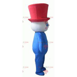 Mascote do boneco de neve azul-branco-vermelho gordo e