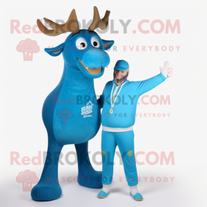Blue Elk mascot costume character dressed with a Capri Pants and Wraps