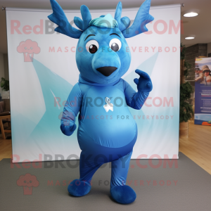 Blue Elk mascot costume character dressed with a Capri Pants and Wraps
