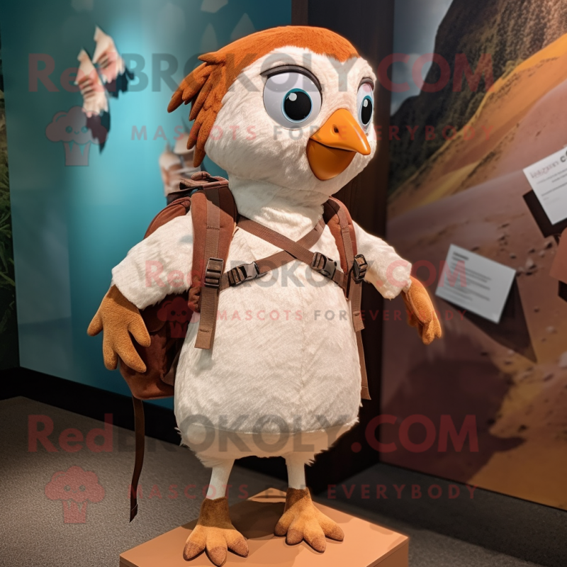 Rust Dove mascot costume character dressed with a Blouse and Backpacks