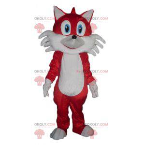 Mascotte de renard rouge et blanc aux yeux bleus -