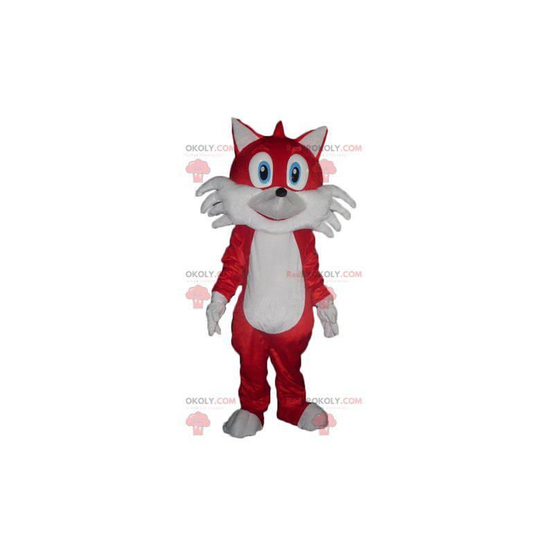 Czerwony i biały lis maskotka z niebieskimi oczami -