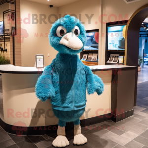 Cyan Ostrich mascot costume character dressed with a Hoodie and Tie pins