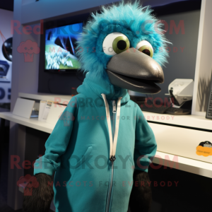 Cyan Ostrich mascot costume character dressed with a Hoodie and Tie pins