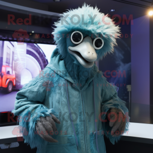 Cyan Ostrich mascot costume character dressed with a Hoodie and Tie pins