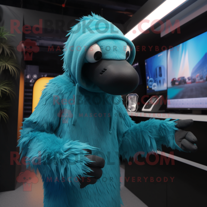 Cyan Ostrich mascot costume character dressed with a Hoodie and Tie pins