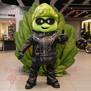 Olive Cabbage mascot costume character dressed with a Biker Jacket and Berets