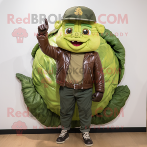 Olive Cabbage mascot costume character dressed with a Biker Jacket and Berets