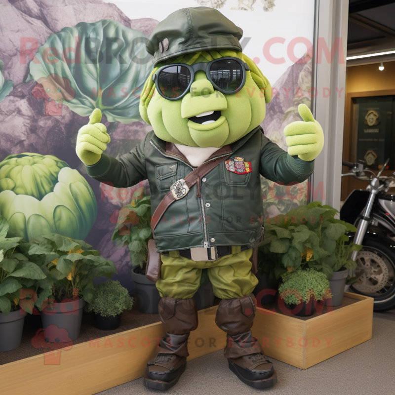 Olive Cabbage mascot costume character dressed with a Biker Jacket and Berets