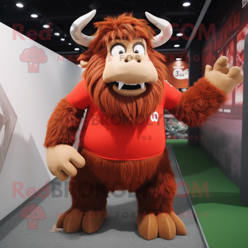 Red Yak mascot costume character dressed with a Poplin Shirt and Shoe laces