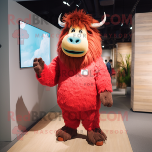 Red Yak mascot costume character dressed with a Poplin Shirt and Shoe laces