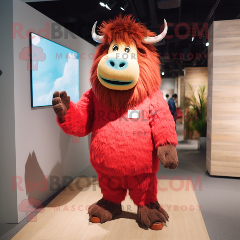 Red Yak mascot costume character dressed with a Poplin Shirt and Shoe laces Red Yak mascot costume character dressed with a Poplin Shirt and Shoe laces