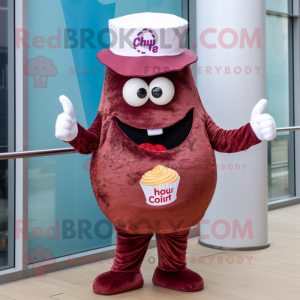 Maroon Cupcake mascot costume character dressed with a One-Piece Swimsuit and Hat pins