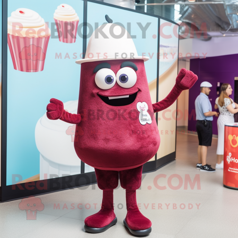 Maroon Cupcake mascot costume character dressed with a One-Piece Swimsuit and Hat pins Maroon Cupcake mascot costume character dressed with a One-Piece Swimsuit and Hat pins