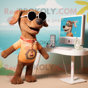 Tan Dog mascot costume character dressed with a Bikini and Watches