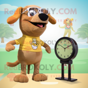 Tan Dog mascot costume character dressed with a Bikini and Watches