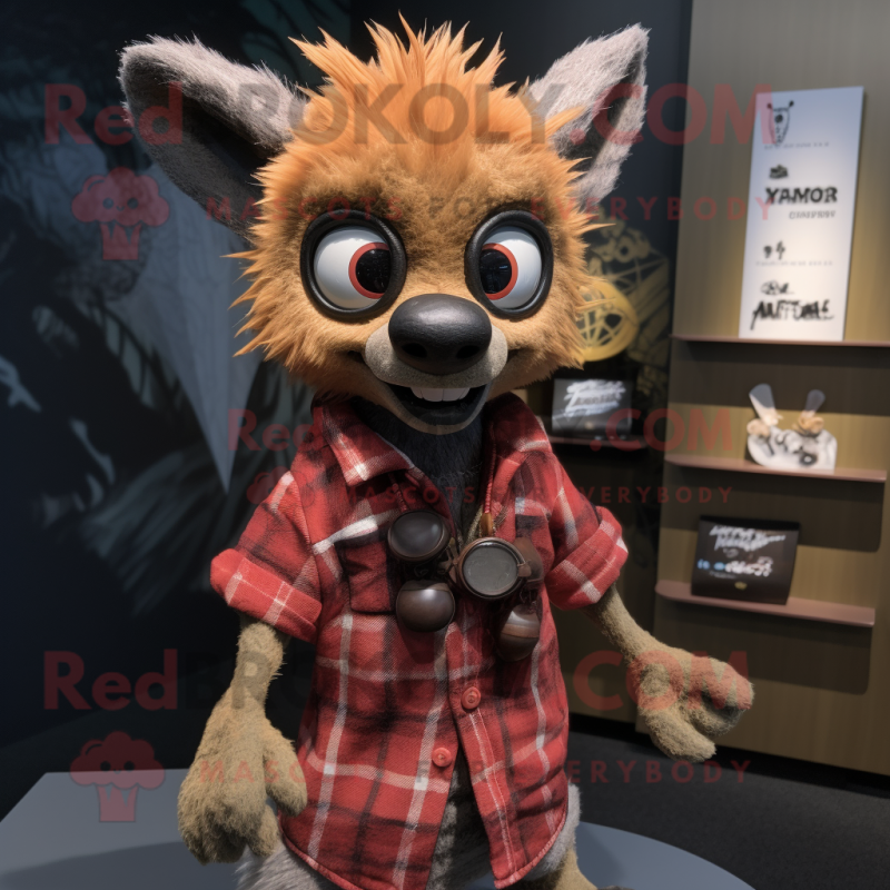 Rust Aye-Aye mascot costume character dressed with a Flannel Shirt and Bracelet watches