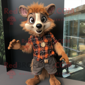 Rust Aye-Aye mascot costume character dressed with a Flannel Shirt and Bracelet watches